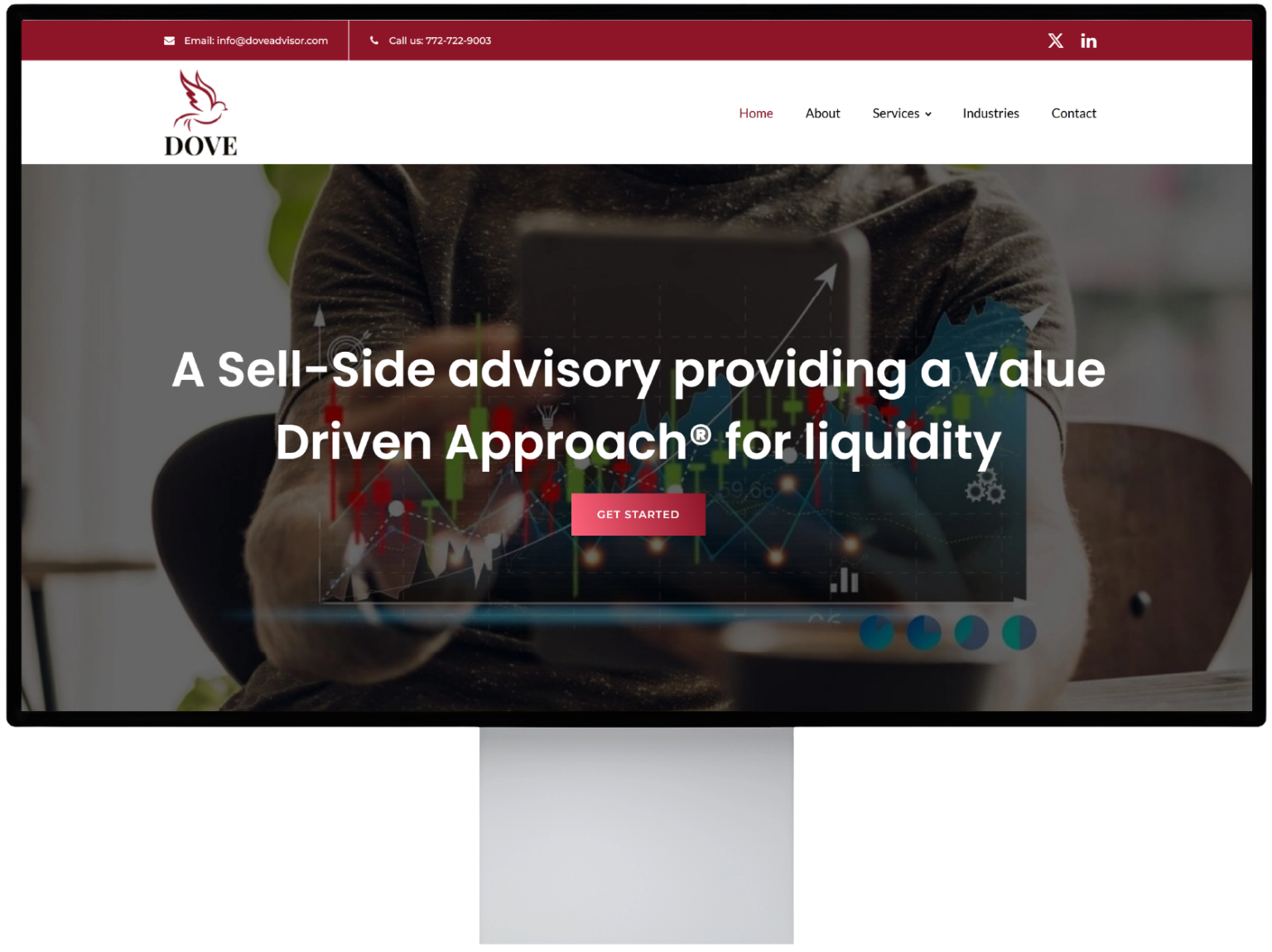 Visual representation of a website design emphasizing a self-side advisory model for liquidity and value-driven solutions.