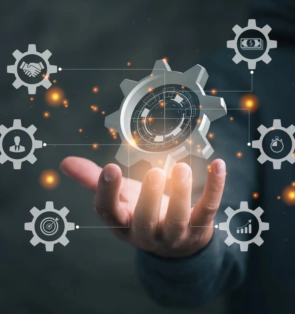 A hand holds a digital gear surrounded by icons of business concepts such as handshake, money, people, clock, target, and graph, symbolizing automation and process management.